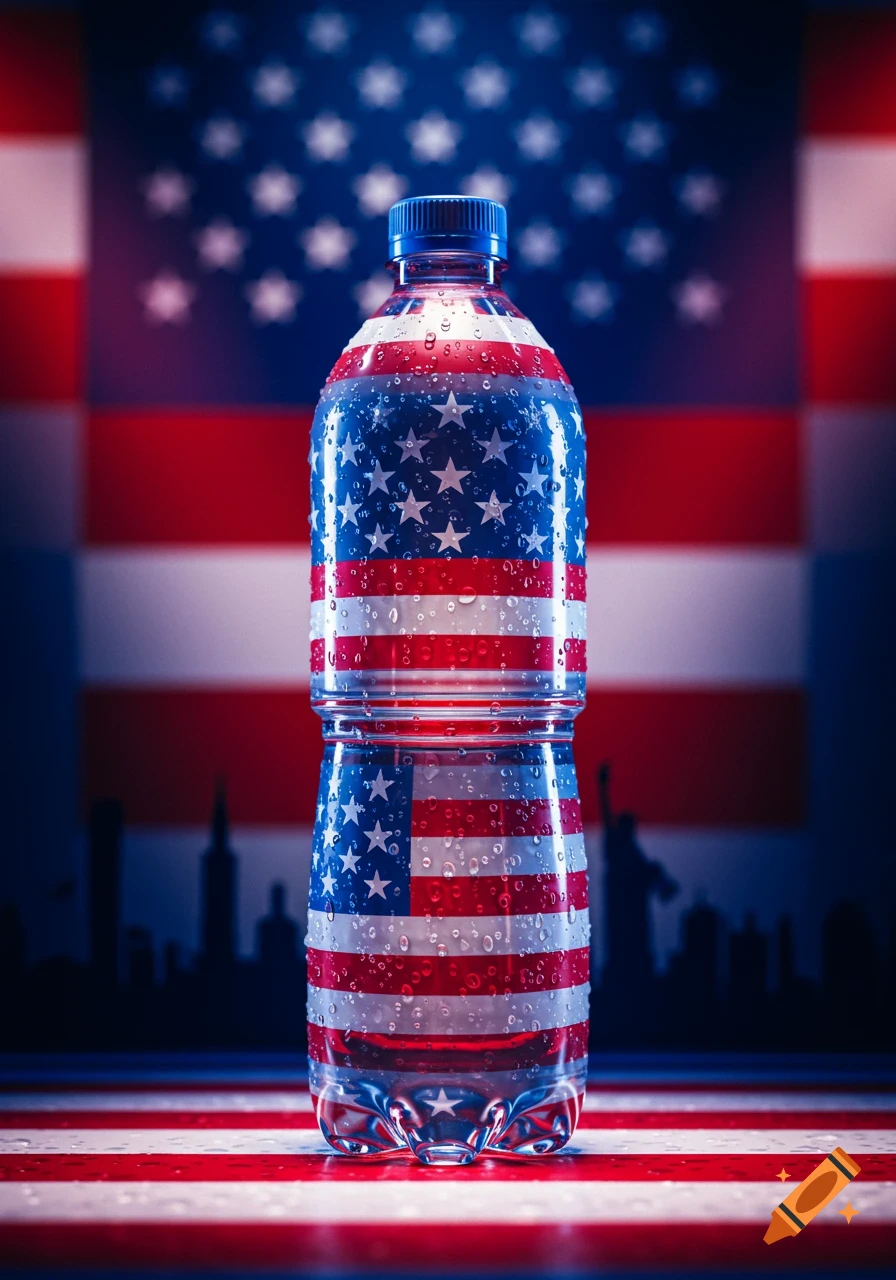 A photorealistic image of a clear plastic water bottle, decorated with the American flag and covered in water droplets, with a blurred flag and city skyline in the background.