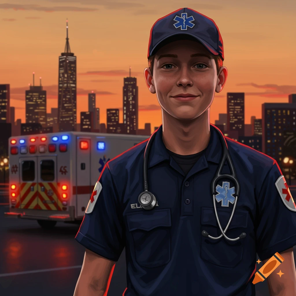 A young EMT in a blue uniform and baseball cap stands smiling in front of a city skyline at sunset with an ambulance behind him. The style is illustrative.