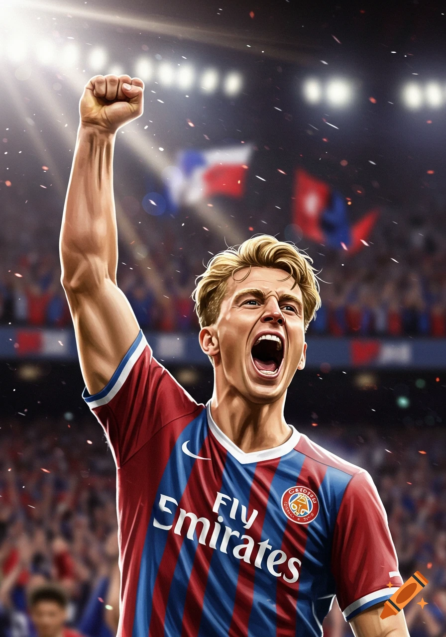 Illustration of an excited blond male soccer player celebrating a victory in a stadium, raising his fist.