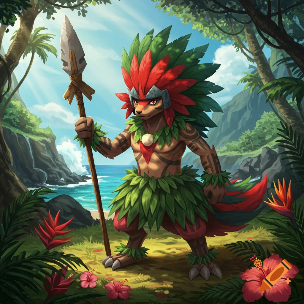 A stylized Hawaiian warrior creature, resembling a Pokémon, holds a spear in a lush tropical jungle by the ocean.