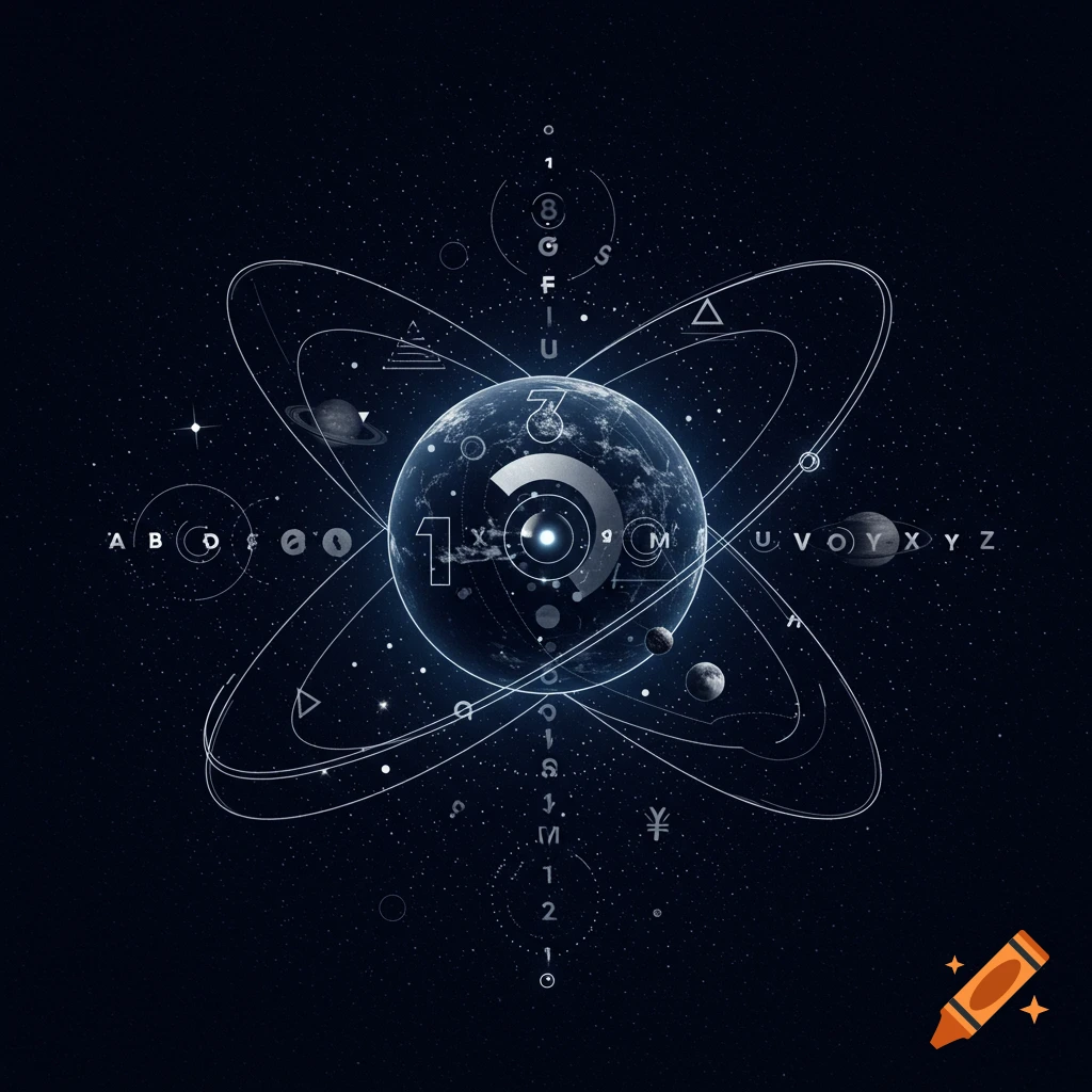 An abstract sci-fi icon with an Earth-like planet, celestial bodies, orbits, numbers, and alphabet letters on a starry dark blue background.