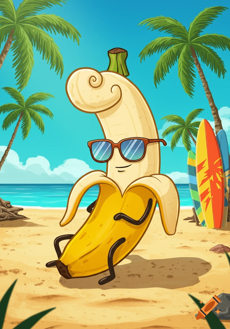 A cartoon banana character wearing sunglasses sits on a sandy beach with palm trees and surfboards.