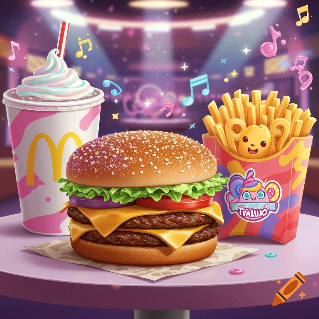 A vibrant, stylized McDonald's meal features a double cheeseburger, fries with a happy bear face in the box, and a swirled milkshake with the McDonald's logo, set against a blurred, sparkly, musical background.