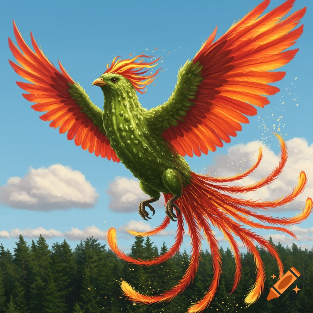 A vibrant, green pickle-bodied phoenix with fiery orange wings and tail feathers flies in a blue sky over a dark green forest.