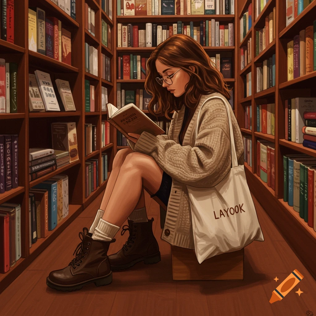 An illustration of a young woman with long brown hair and glasses, wearing a cozy cardigan and boots, sitting on a stool and reading a book in a warm, wood-paneled library filled with bookshelves.