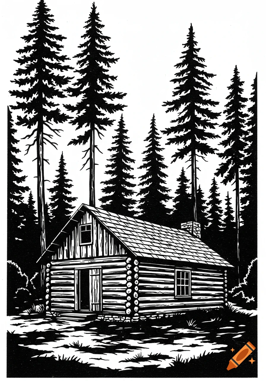 A black and white woodcut-style illustration of a rustic log cabin nestled among tall pine trees.