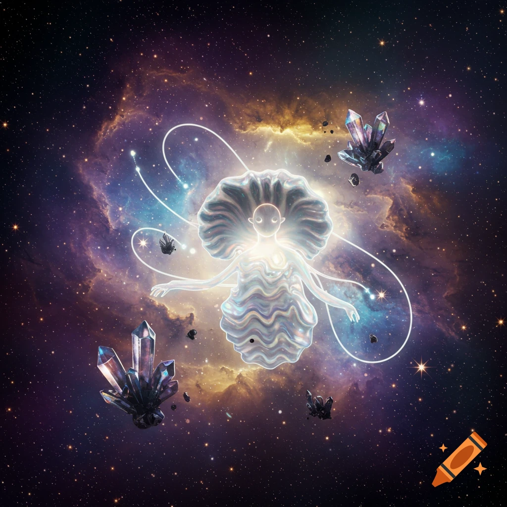 An ethereal, glowing humanoid figure with a ruffled head and body floats amidst sparkling crystals and a vibrant nebula in deep space.