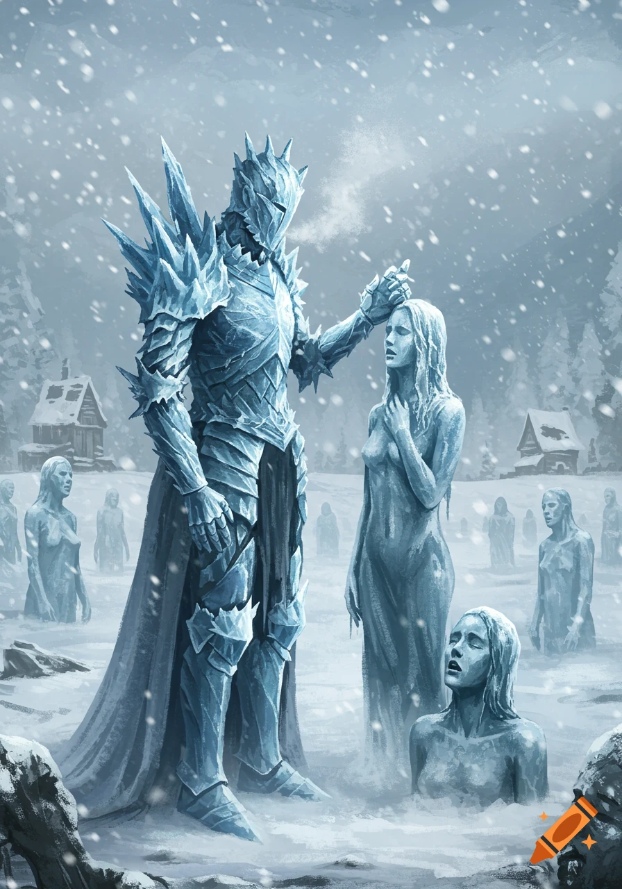 An armored ice warrior stands in a snowy wasteland, gently touching a frozen woman. Many other ice statues are scattered around a distant village under falling snow.