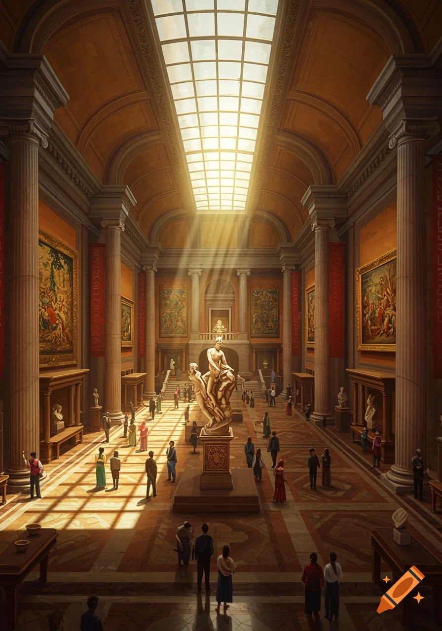 A grand museum hall with a high skylight, sunbeams, classical columns, large paintings, statues, and many visitors.