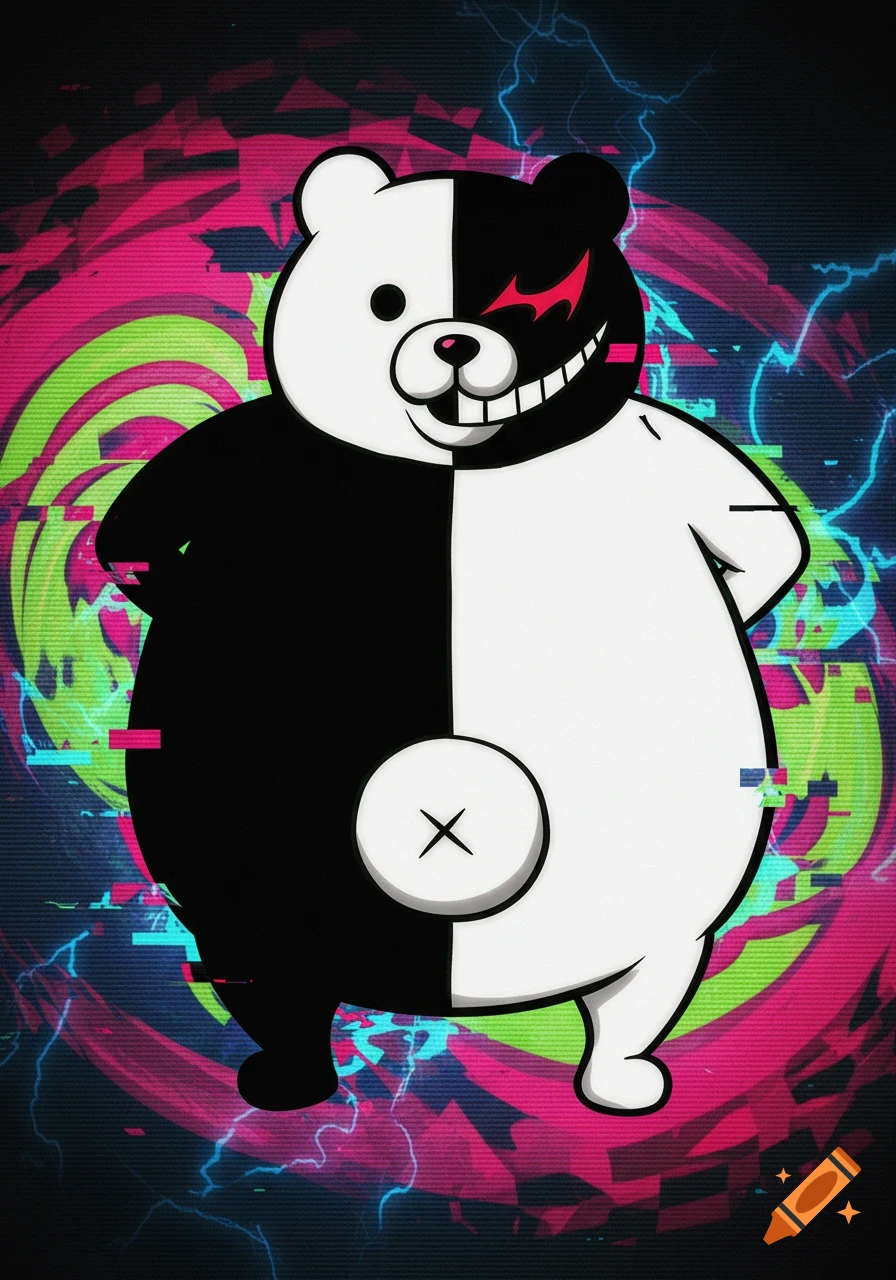 Obese Monokuma, a half-black, half-white bear character with a sinister smile, against a vibrant, glitchy, neon background with lightning.