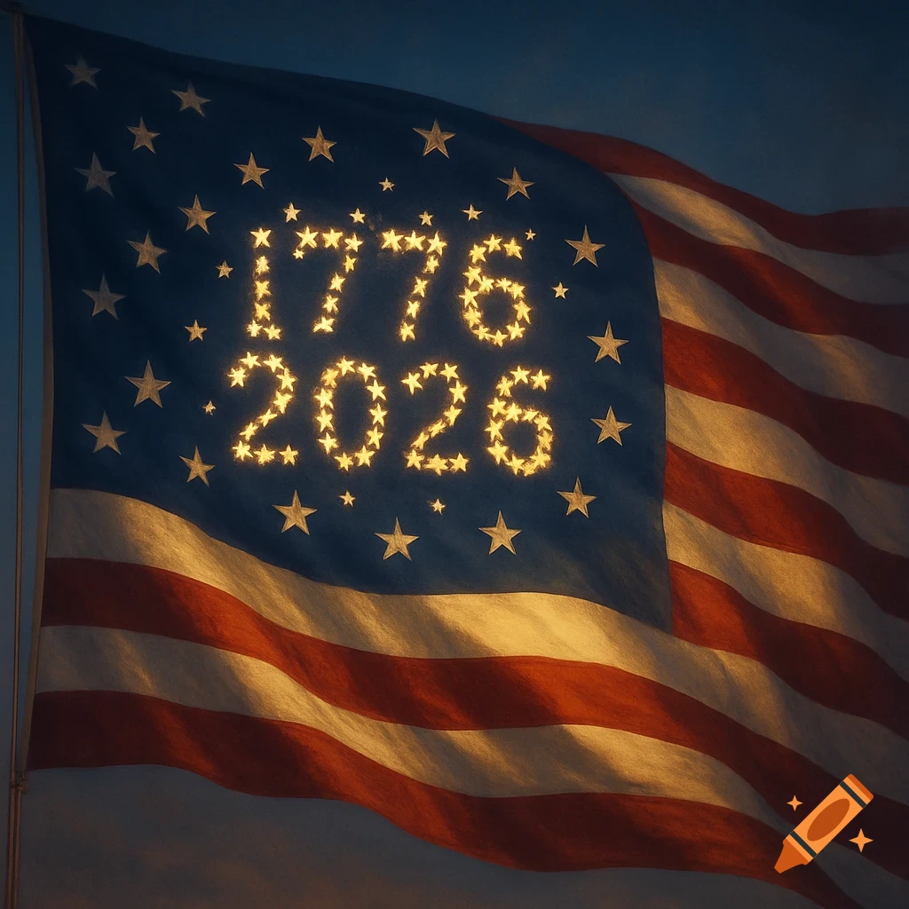 An American flag with the numbers '1776' and '2026' formed by glowing stars on the blue canton.