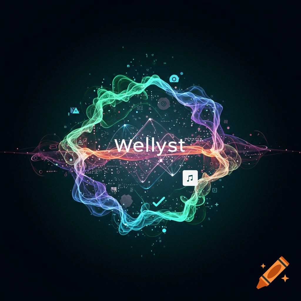 A vibrant, abstract digital art piece with glowing, colorful waves forming a central shape on a dark background. The word "Wellyst" is centered, and a music note icon is also visible.