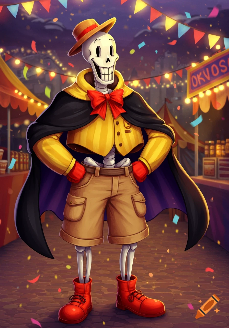 A smiling skeleton character, Papyrus from Undertale, in a yellow and black cloak, tan shorts, and red boots, poses at a festive carnival.
