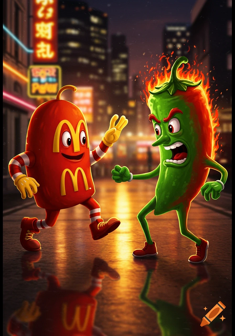 An anthropomorphic McDonald's fry box character faces off against an angry, flaming green chili pepper character on a neon-lit city street at night.