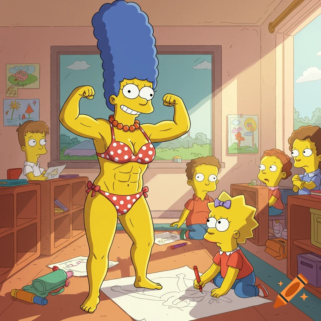 Marge Simpson in a red polka-dot bikini flexing her muscles in a classroom while Lisa Simpson draws her posing.