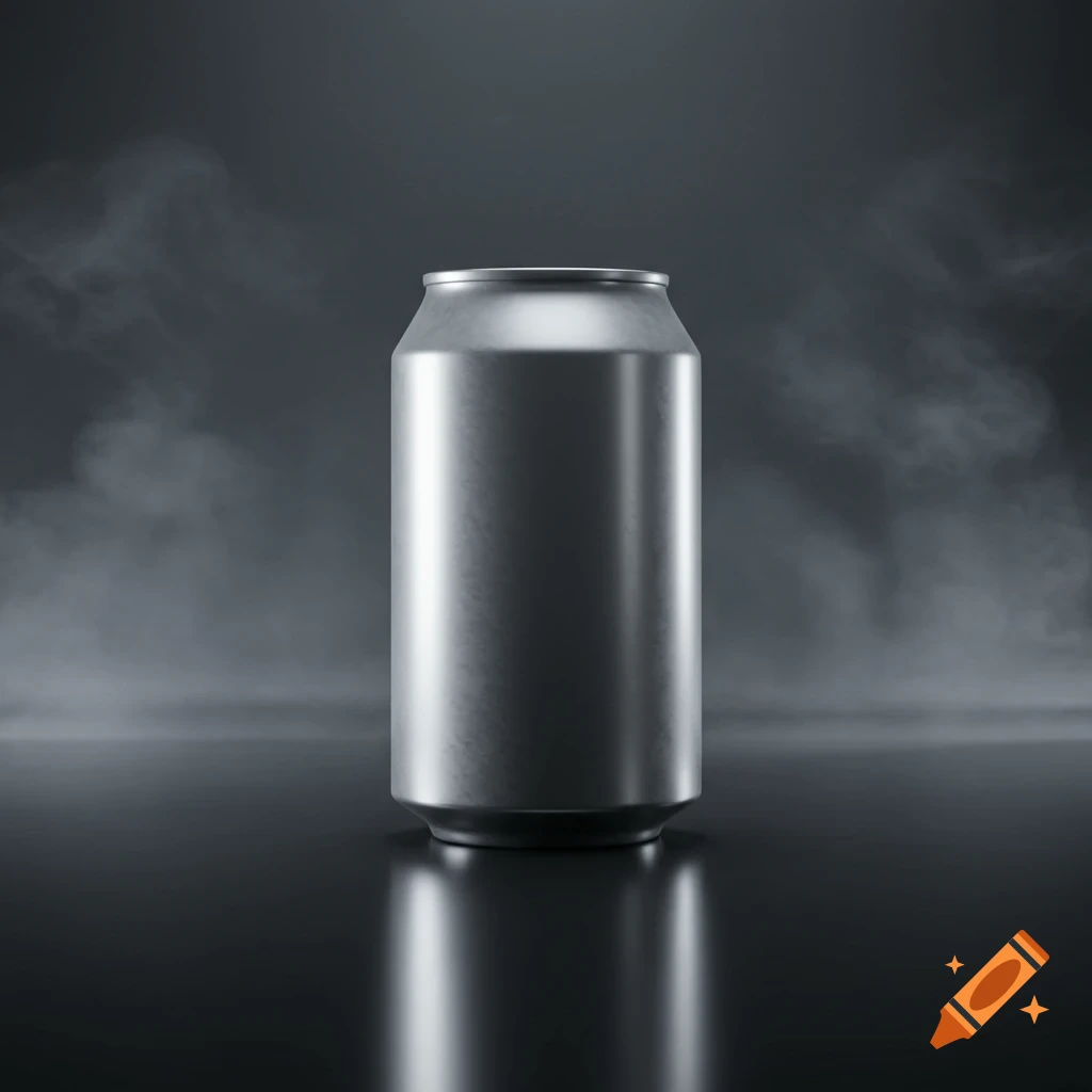 A silver soda can stands on a reflective dark surface with smoke in the background.