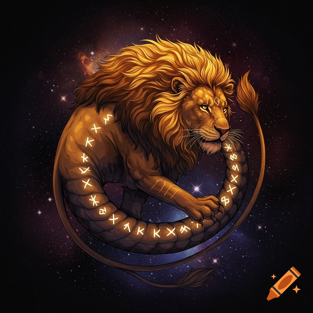Stylized illustration of a lion ouroboros with glowing runes on its body, set against a dark starry cosmic background.