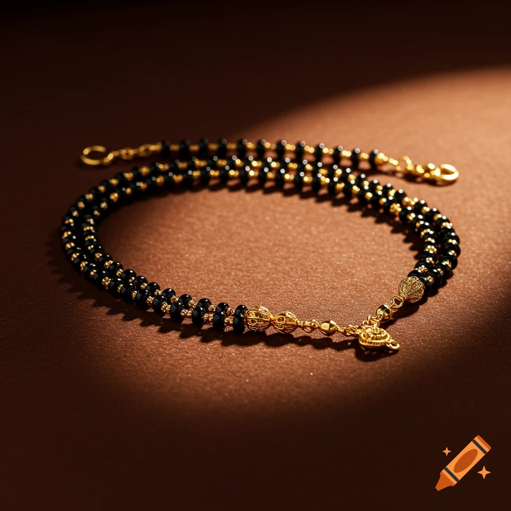 A gold mangalsutra with black beads, detailed on a brown surface with focused lighting.
