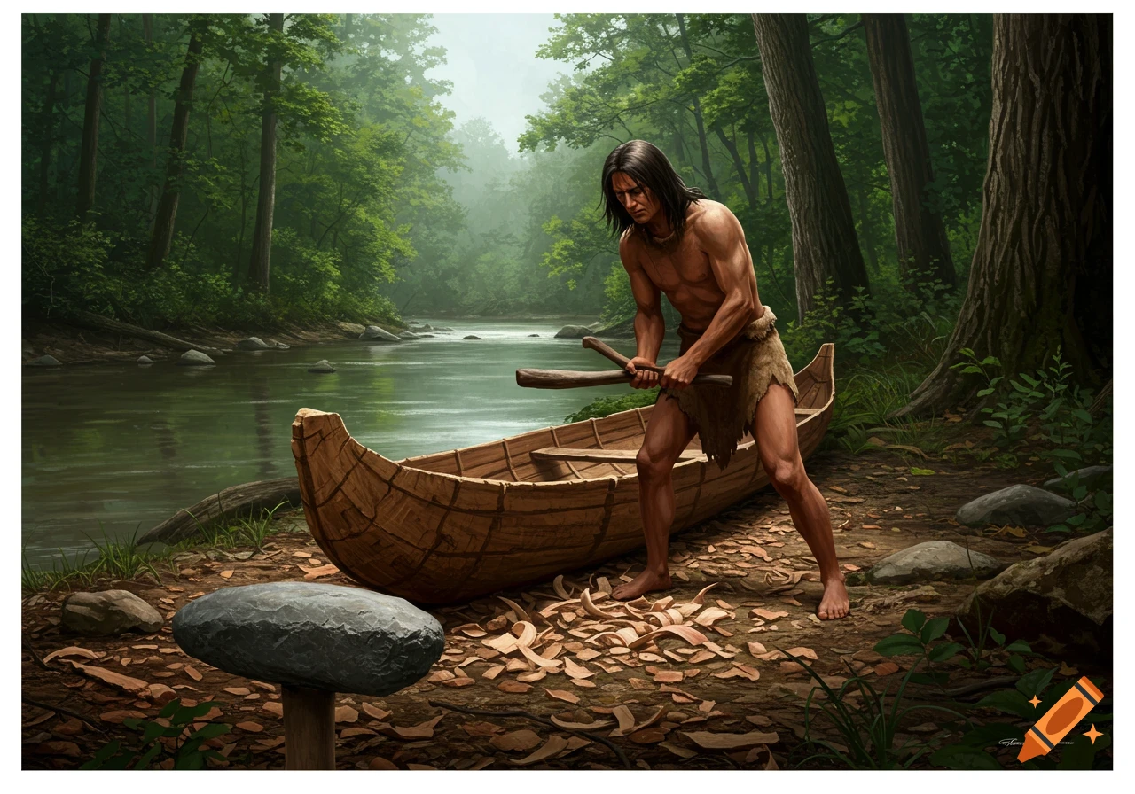 A realistic illustration of a Native American man carving a dugout canoe by a river in a lush forest.