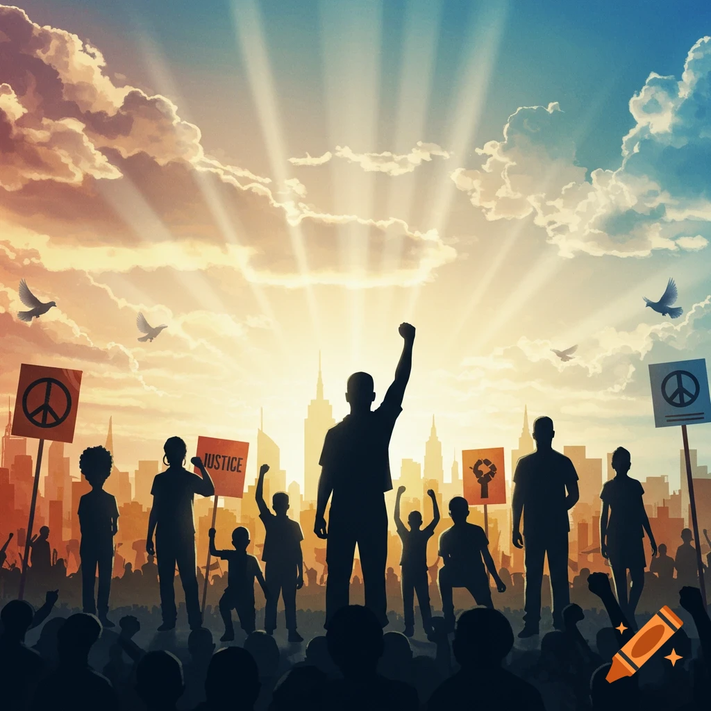 An illustration of silhouetted people protesting against a bright sunrise with a city skyline, holding signs for peace and justice.
