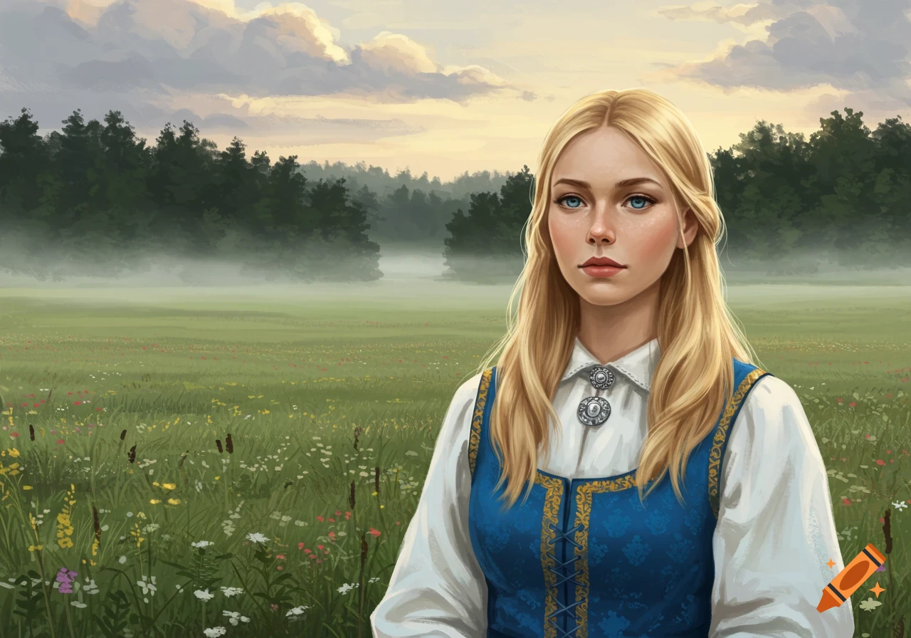 A blonde woman in a blue and white traditional dress stands in a vibrant green field with wildflowers, under a cloudy sky at dusk, in a digital painting style.