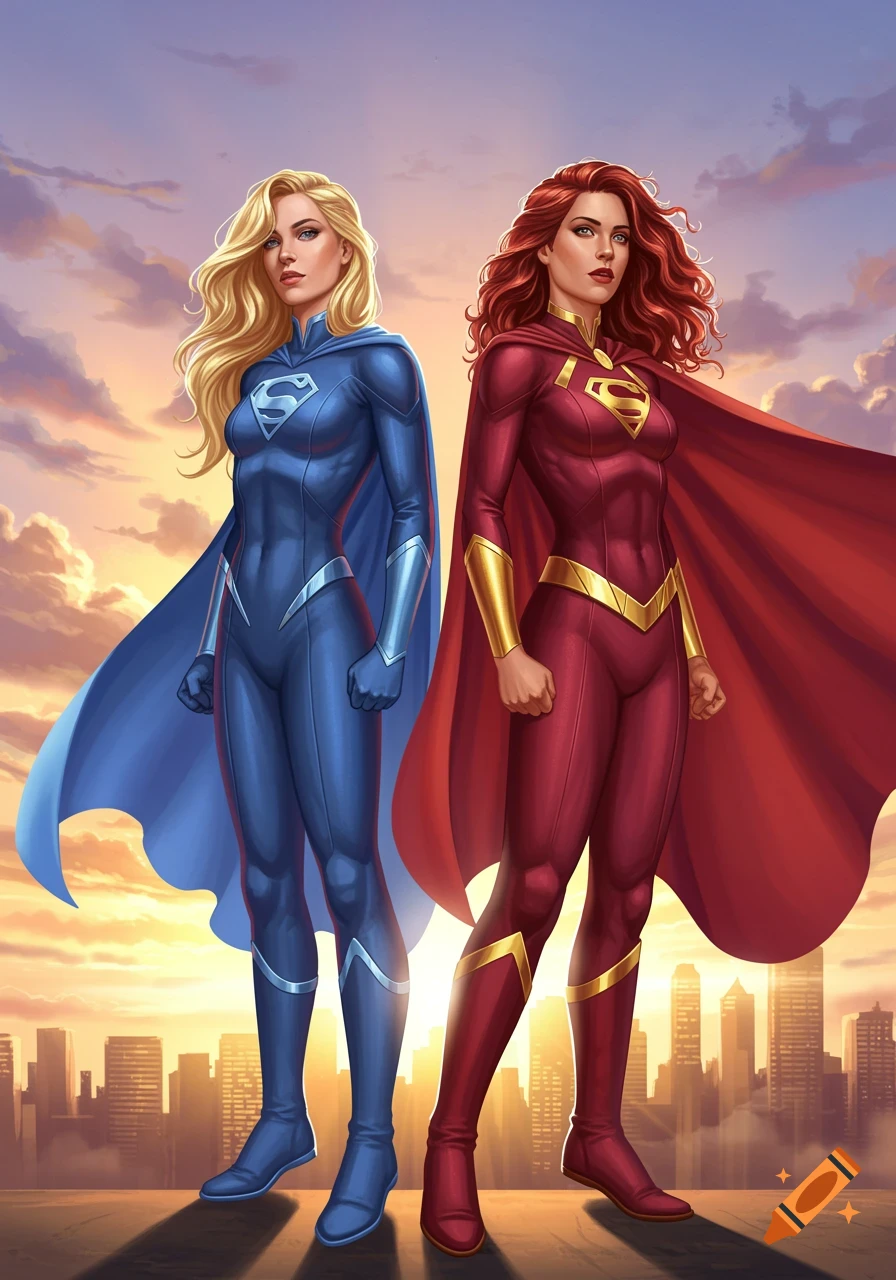 Two female superheroes, one blonde in a blue suit and one redhead in a red suit, stand before a cityscape at sunset.