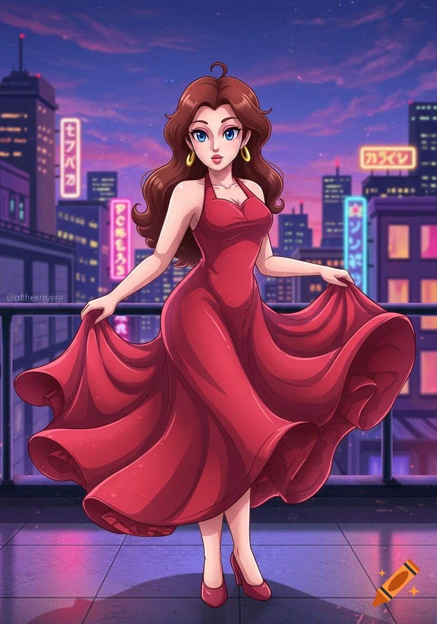 An anime-style female character, possibly Pauline from Mario, in a red halter dress, stands on a balcony against a cyberpunk city skyline at dusk with neon lights.