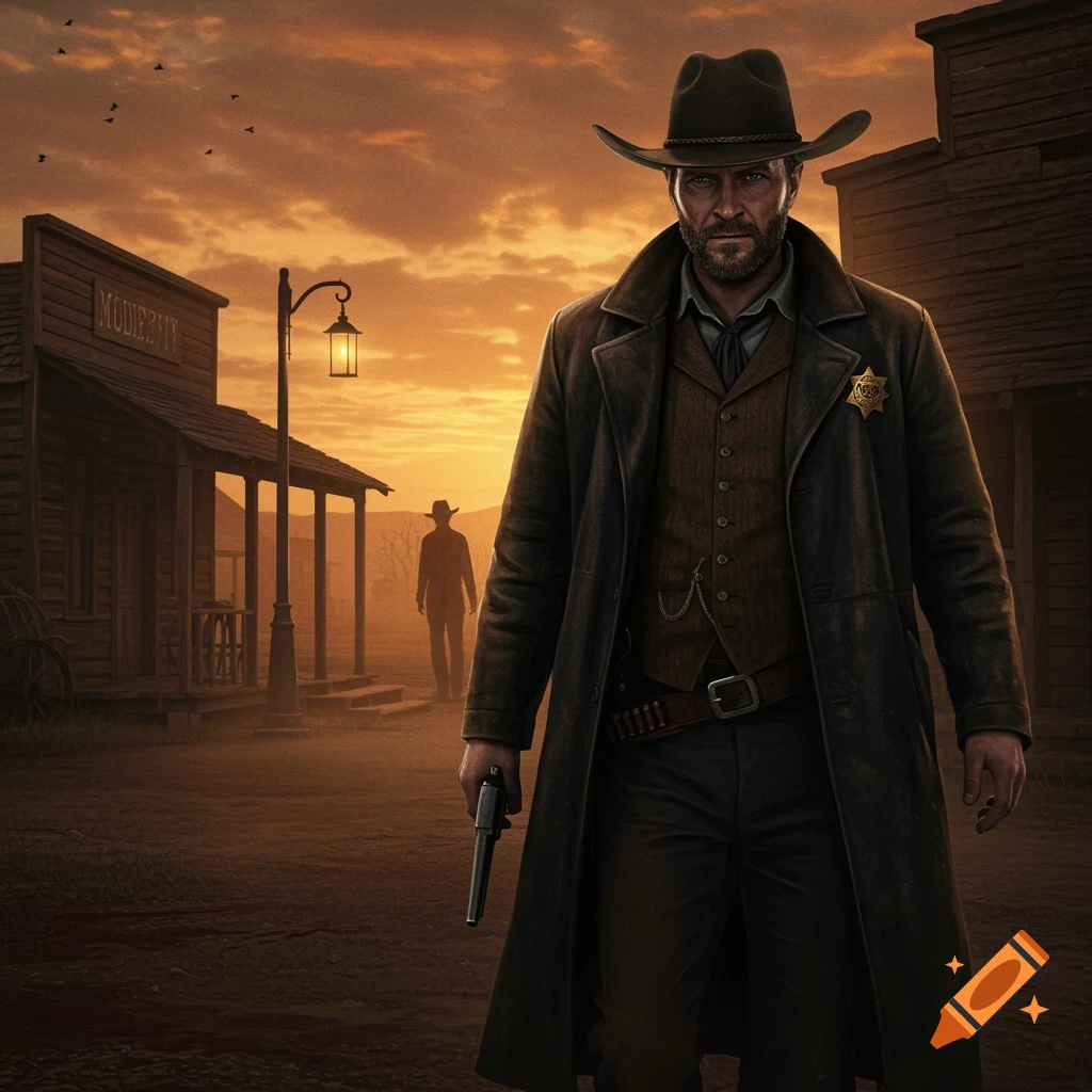 A stern cowboy sheriff in a long coat stands on a dusty street in an Old West town at sunset, holding a pistol, with another figure in the background.
