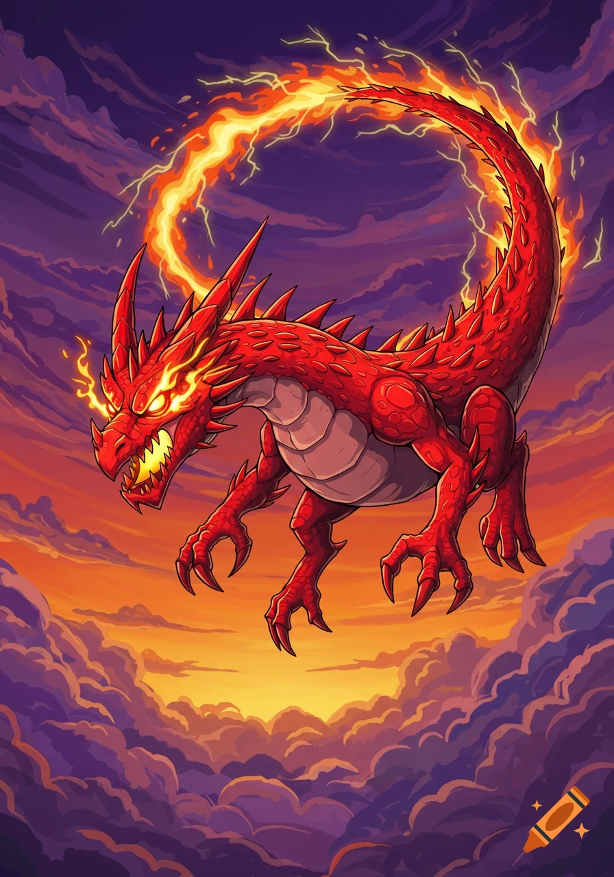 A menacing red cartoon dragon with fiery eyes and a spiked body hovers against a dramatic purple and orange sunset sky, its tail encircled by fire.