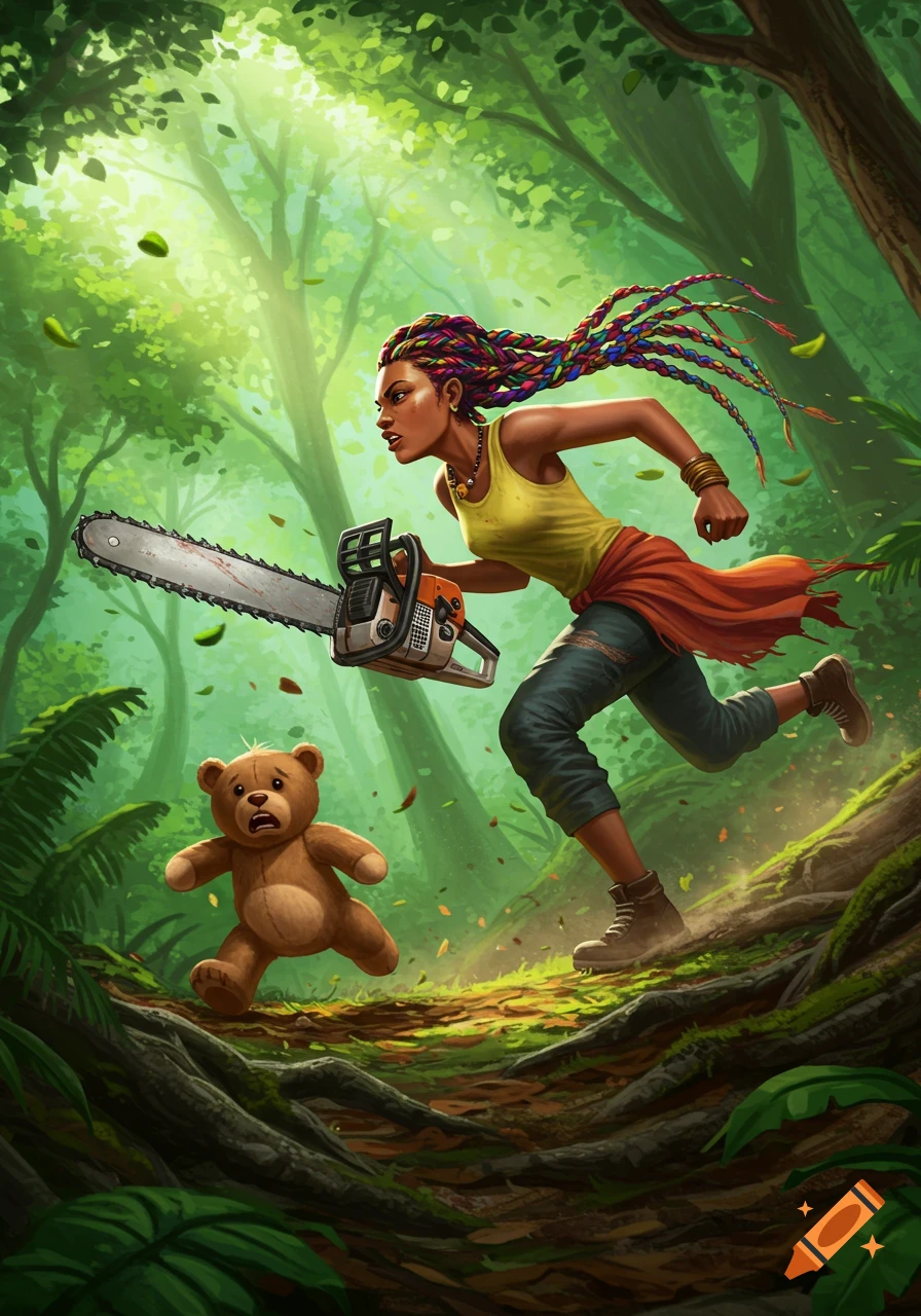 An illustrated woman with colorful braids runs through a forest, wielding a chainsaw and chasing a frightened teddy bear.