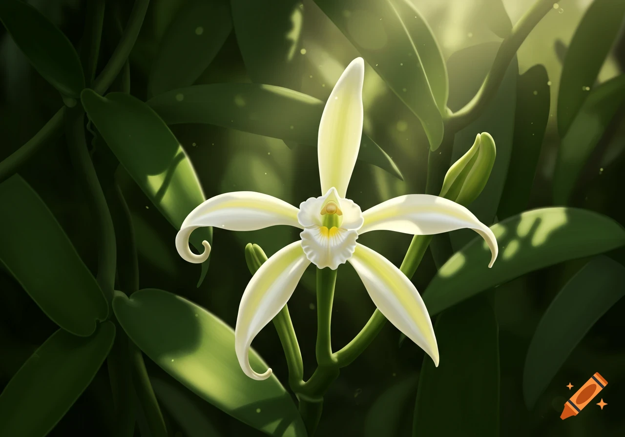 A creamy white vanilla flower with a yellow center blooms amidst dark green leaves, illuminated by sunlight.