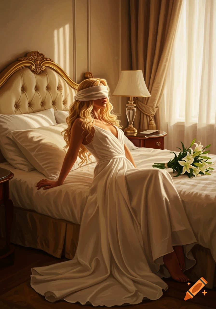 A blonde woman in a white dress and blindfold sits on a bed with a bouquet of white lilies, in a sunlit room.