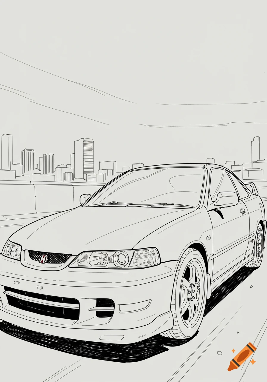 Line art drawing of a white 2001 Acura Integra Type R driving on a road with a city skyline in the background.