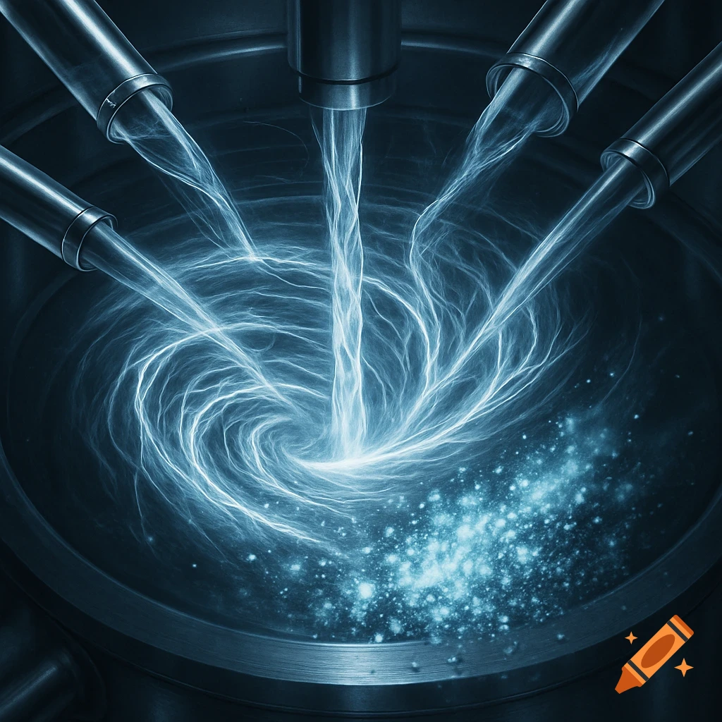 Blue energy streams from tubes converge into a swirling vortex with glowing particles in a dark, metallic chamber.