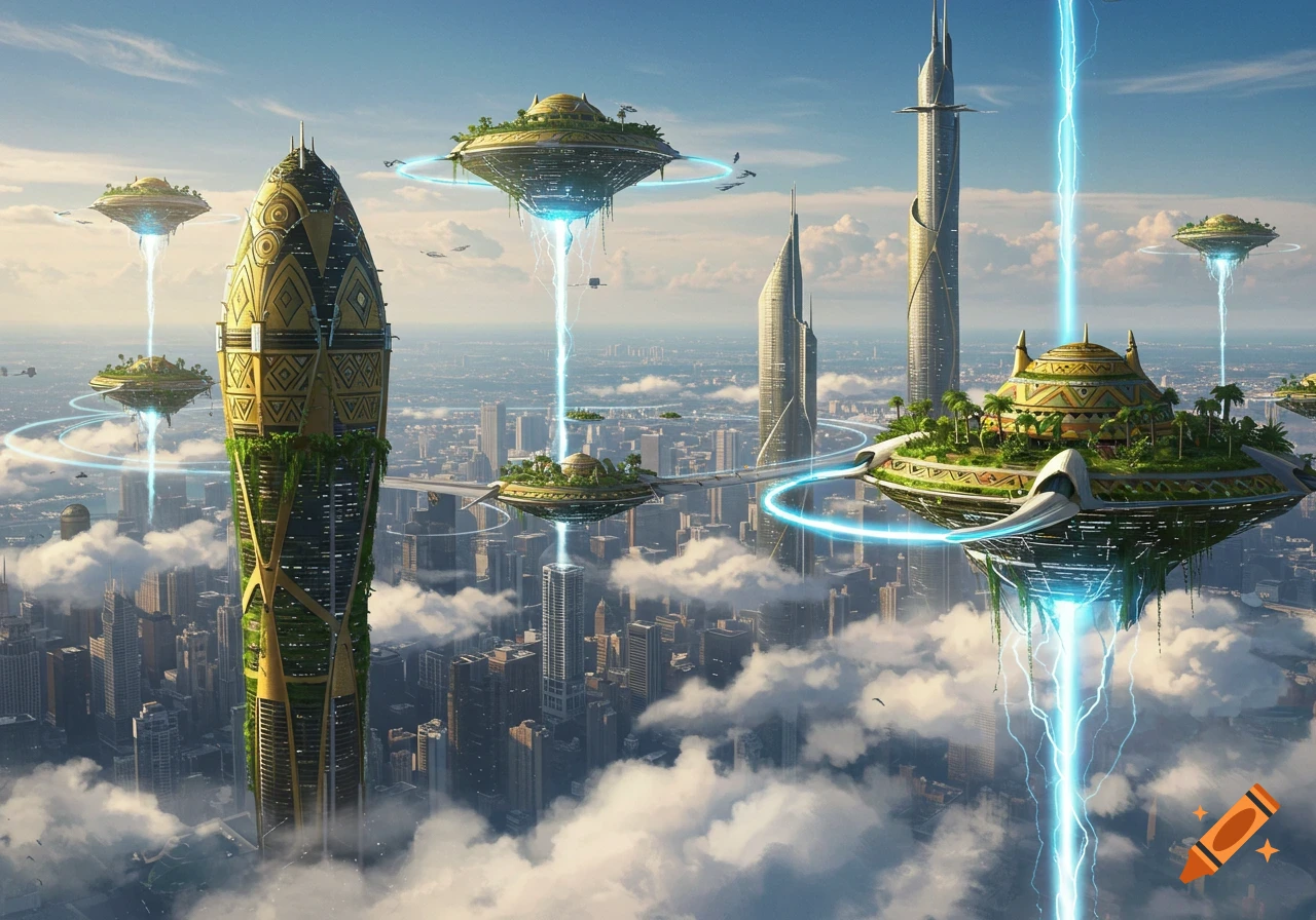 A futuristic cityscape featuring towering skyscrapers and large floating platforms with lush greenery and golden domes. Blue energy beams connect the floating structures to the city below, all under a clear sky with scattered clouds.
