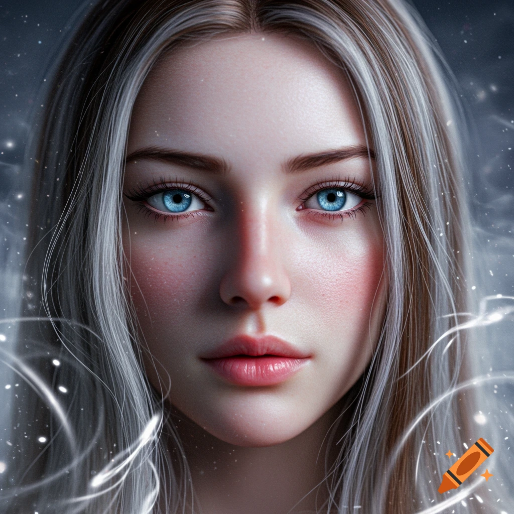A close-up, photorealistic portrait of a young woman with long white-blonde hair and bright blue eyes, with glowing particles around her.