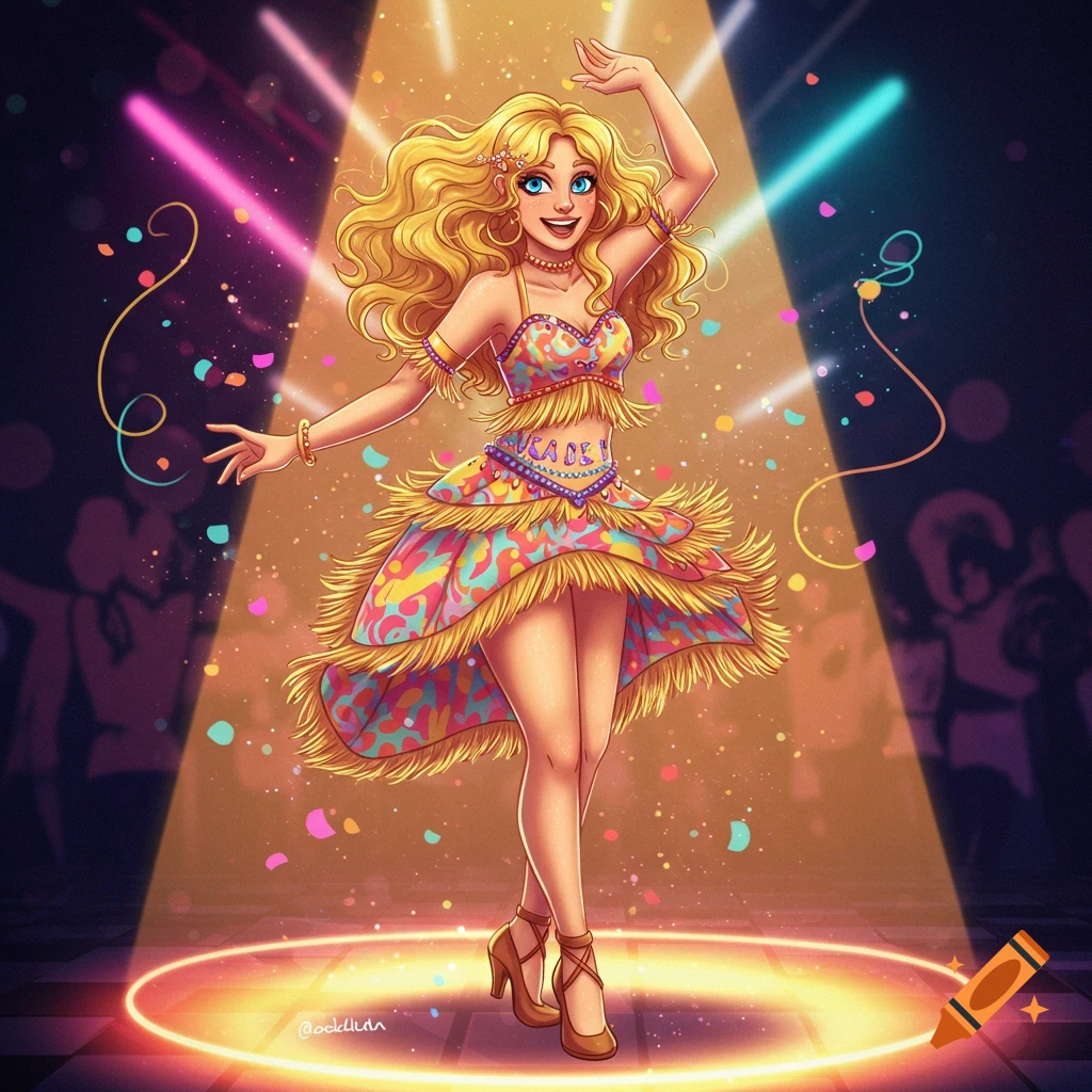 A vibrant cartoon illustration of a blonde woman in a colorful, fringed 60s dance outfit, dancing under spotlights and falling confetti.