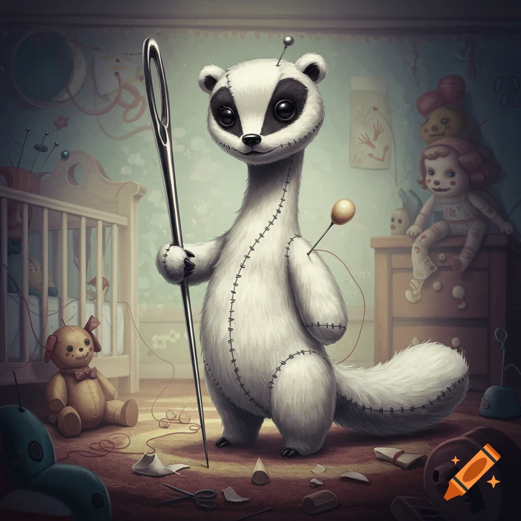 An eerie plush badger with stitched seams holds a giant needle in a twisted nursery filled with oversized toys.