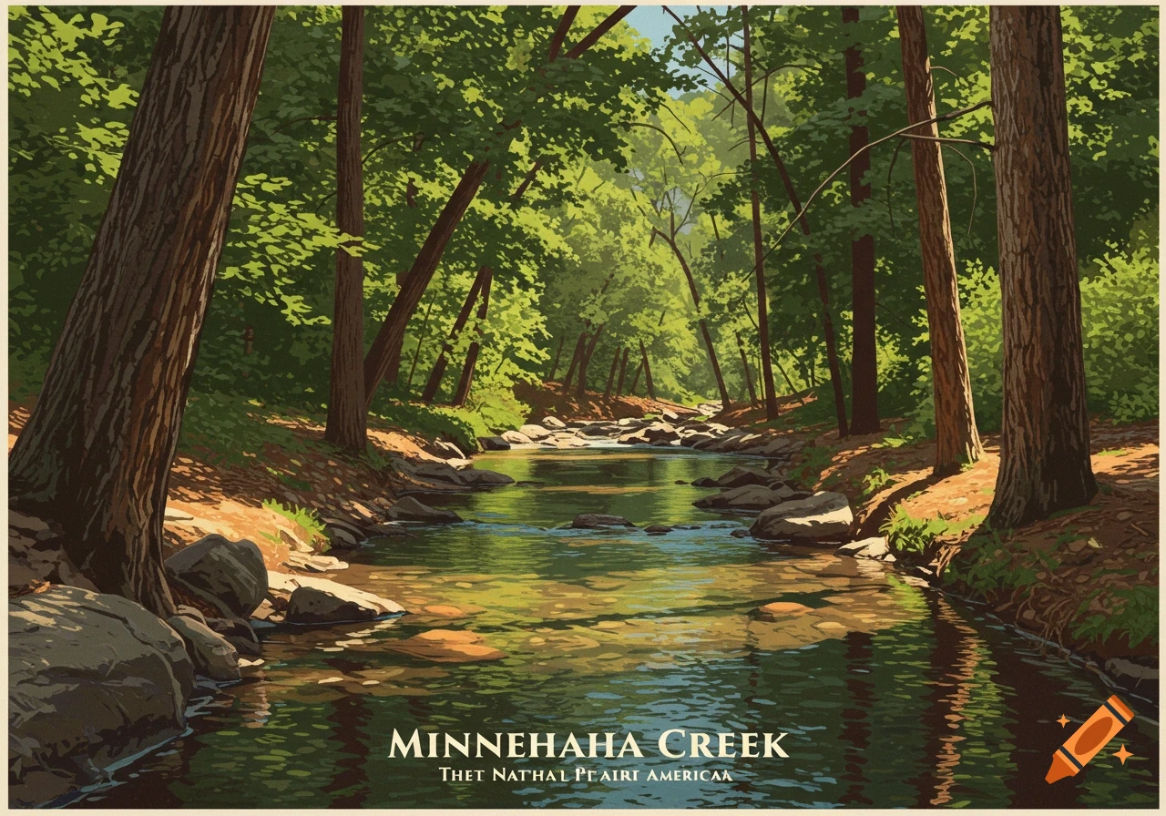 A vintage-style poster illustration of Minnehaha Creek flowing through a lush green forest with dappled sunlight.