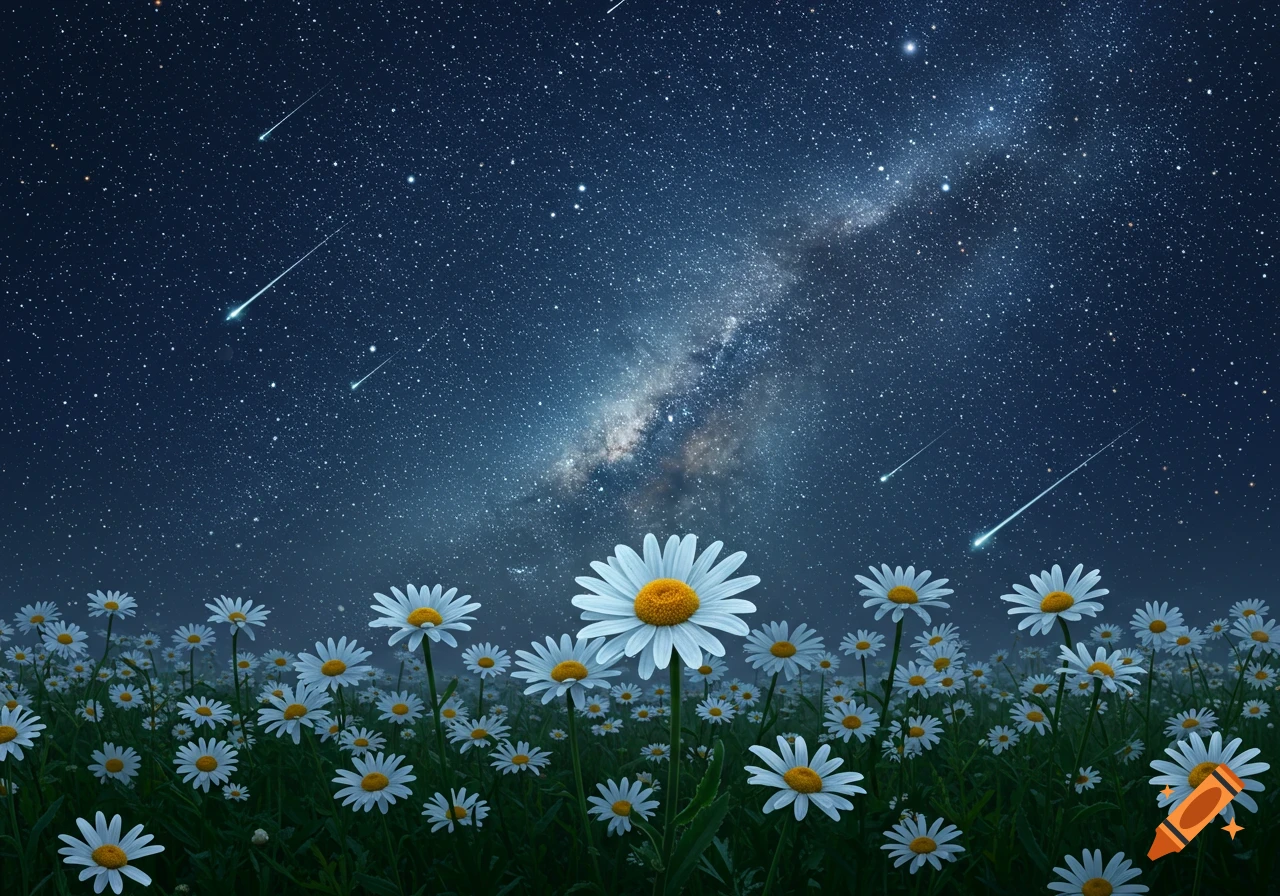 A field of white daisies under a dark night sky filled with stars and shooting stars.