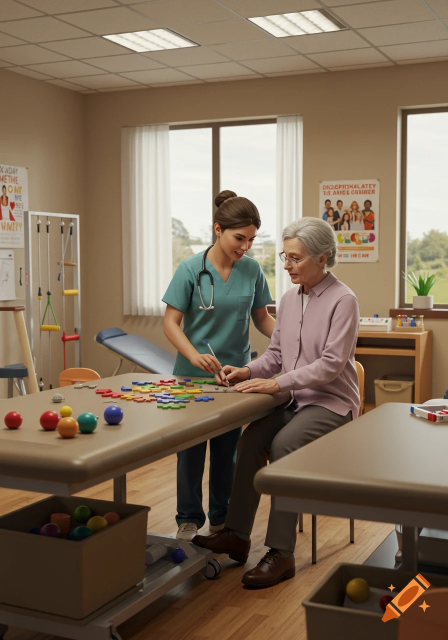 An occupational therapy assistant helps an elderly woman with a colorful puzzle on a table in a photorealistic therapy room.