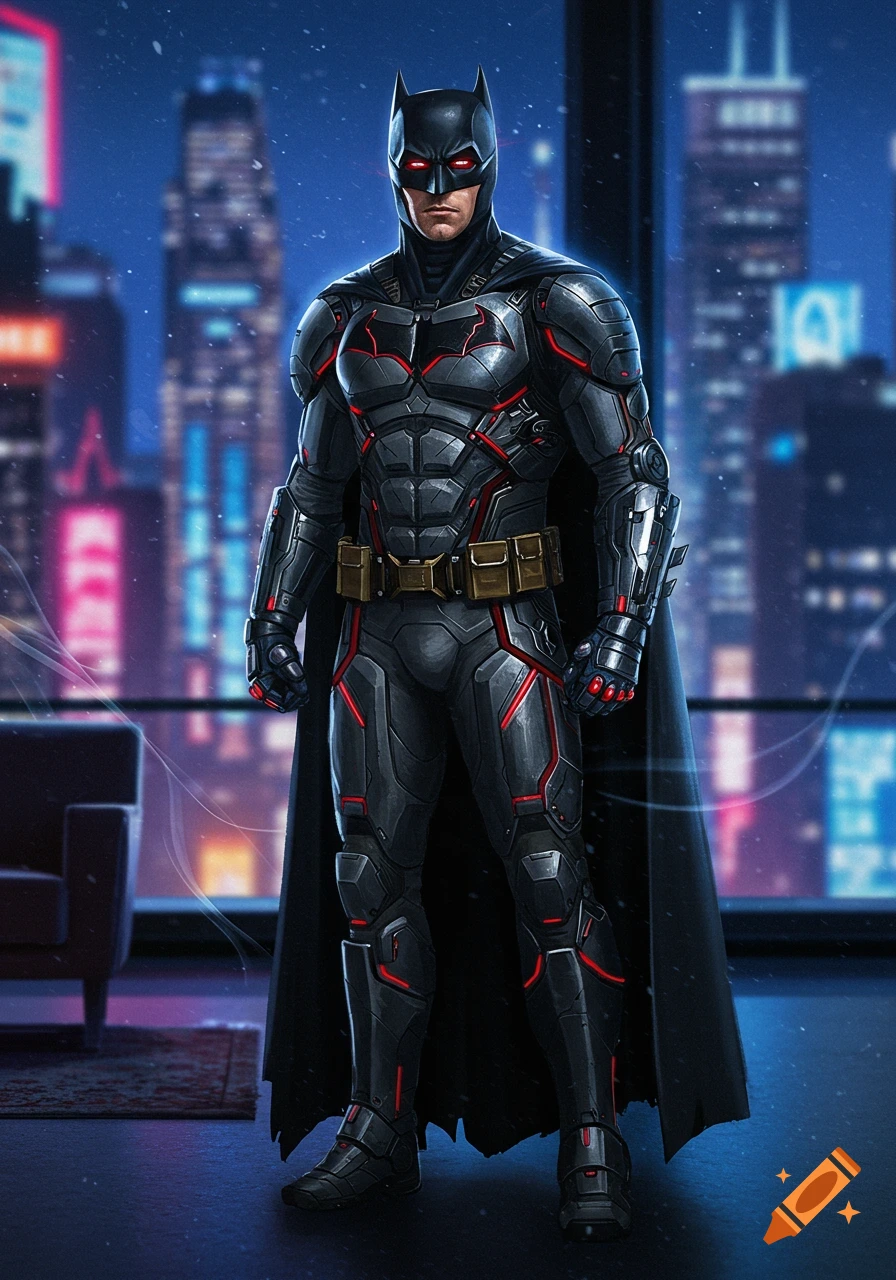 Batman in a sleek armored black and red suit with glowing red eyes stands in a high-rise against a blurred city skyline at night.