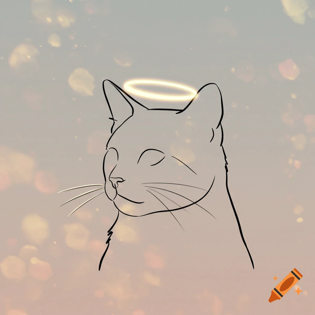 Line art of a peaceful cat head with a golden halo, set against a soft, glowing background.