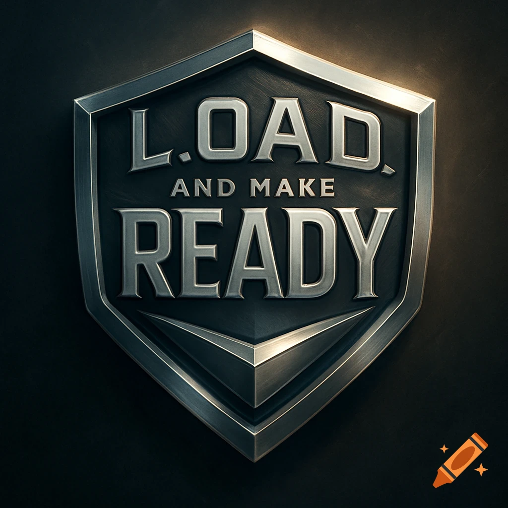 Metallic shield-shaped logo with embossed text reading 'L.O.A.D, AND MAKE READY'.
