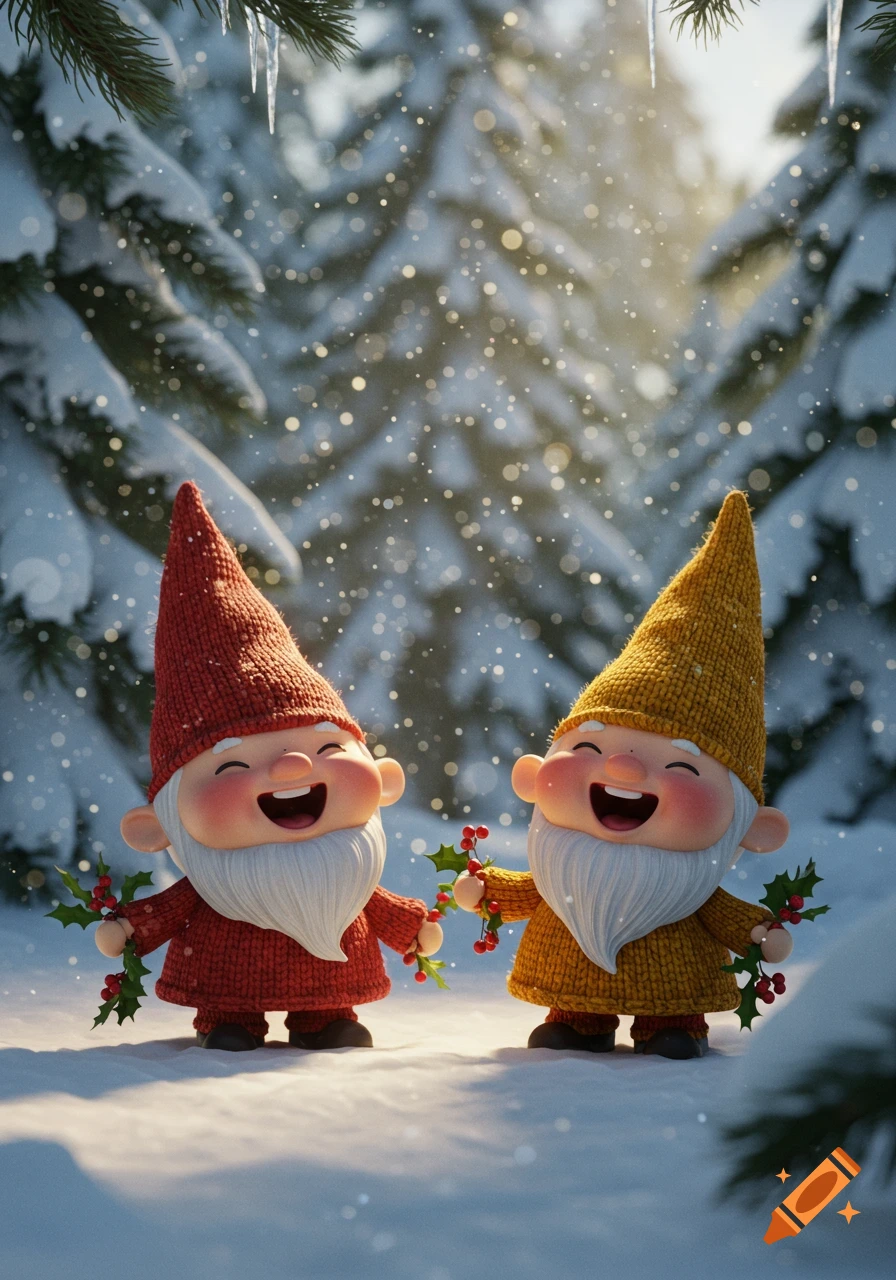 Two laughing gnomes, one in red and one in yellow, hold holly in a snowy forest, 3D render.