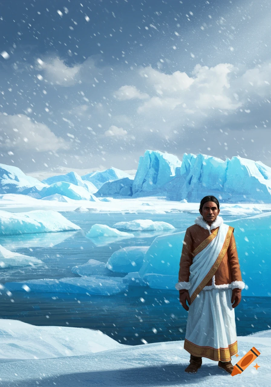 A person of Indian descent in warm clothing stands in a snowy, icy arctic landscape with large icebergs.