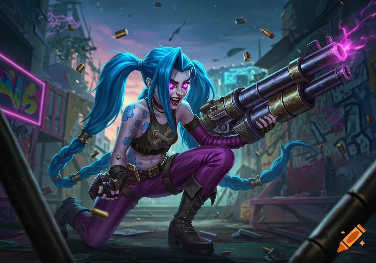 Jinx, a blue-haired woman in purple, crouches with a large gun, ready for action in a graffiti-covered urban setting.