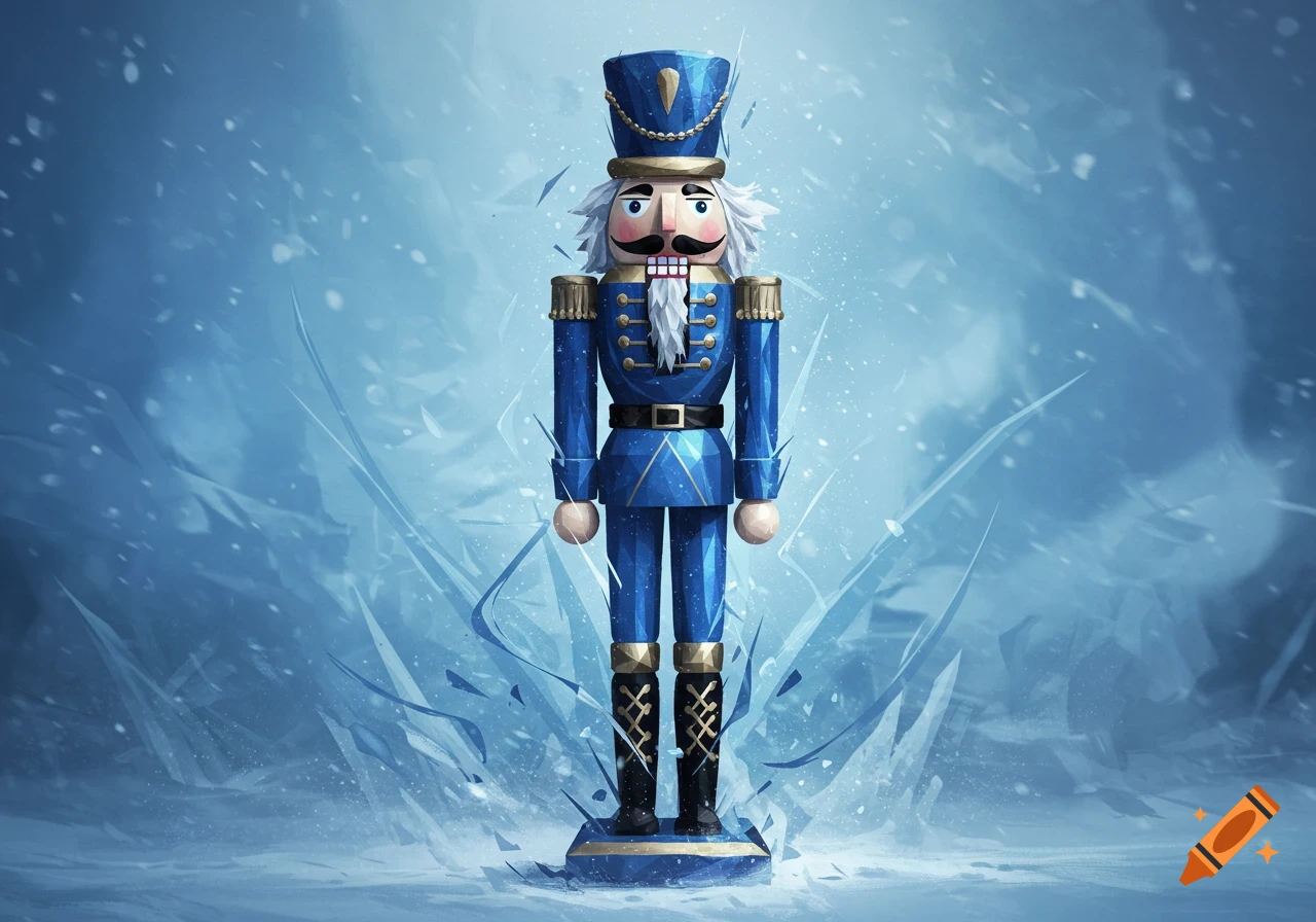 An abstract blue painting of a nutcracker soldier with white hair and a mustache, standing against an icy blue background with snow and ice shards.