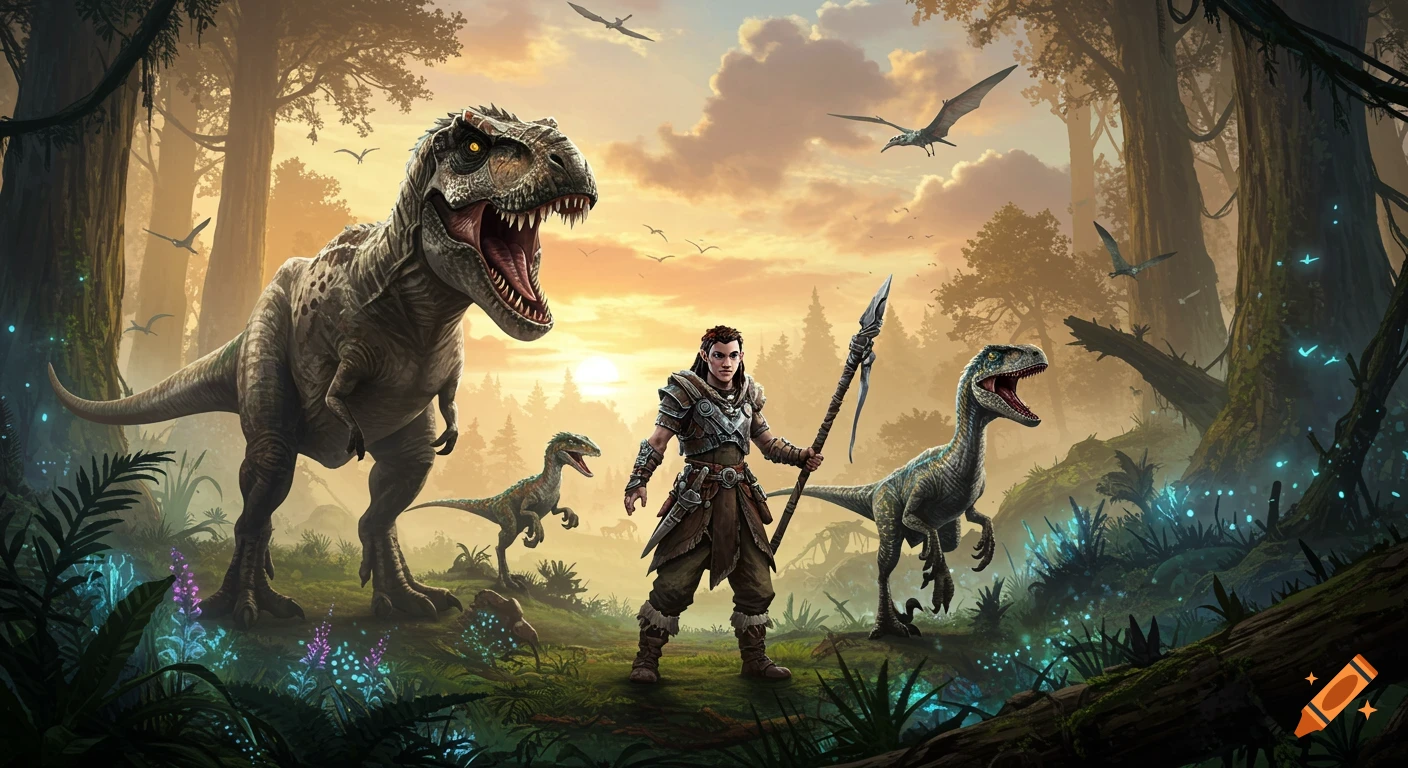 A character with a spear stands among large dinosaurs and smaller raptors in a dense jungle with a sunset sky.