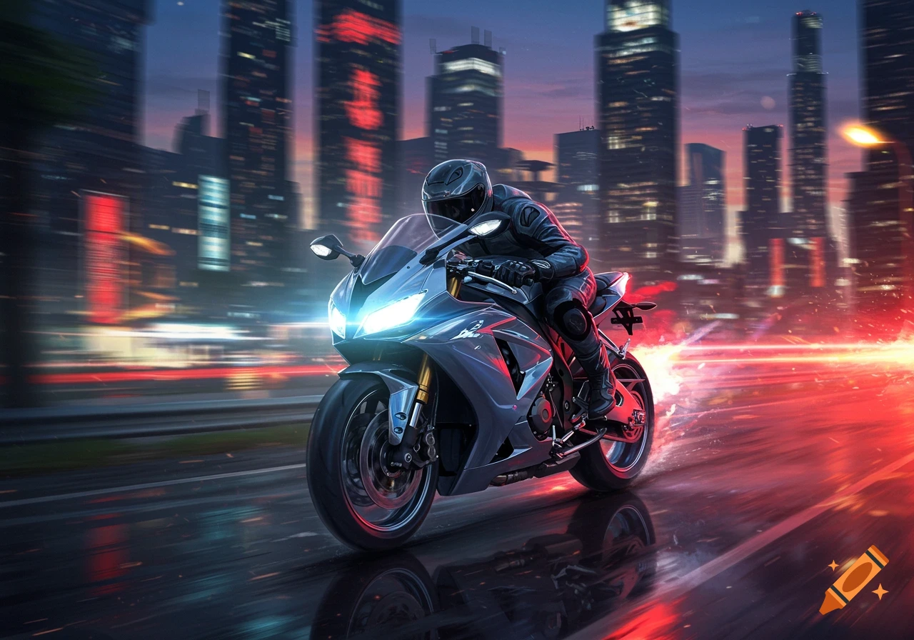 A rider on a sleek motorcycle speeds down a wet city street at night, with motion blur and glowing headlights.